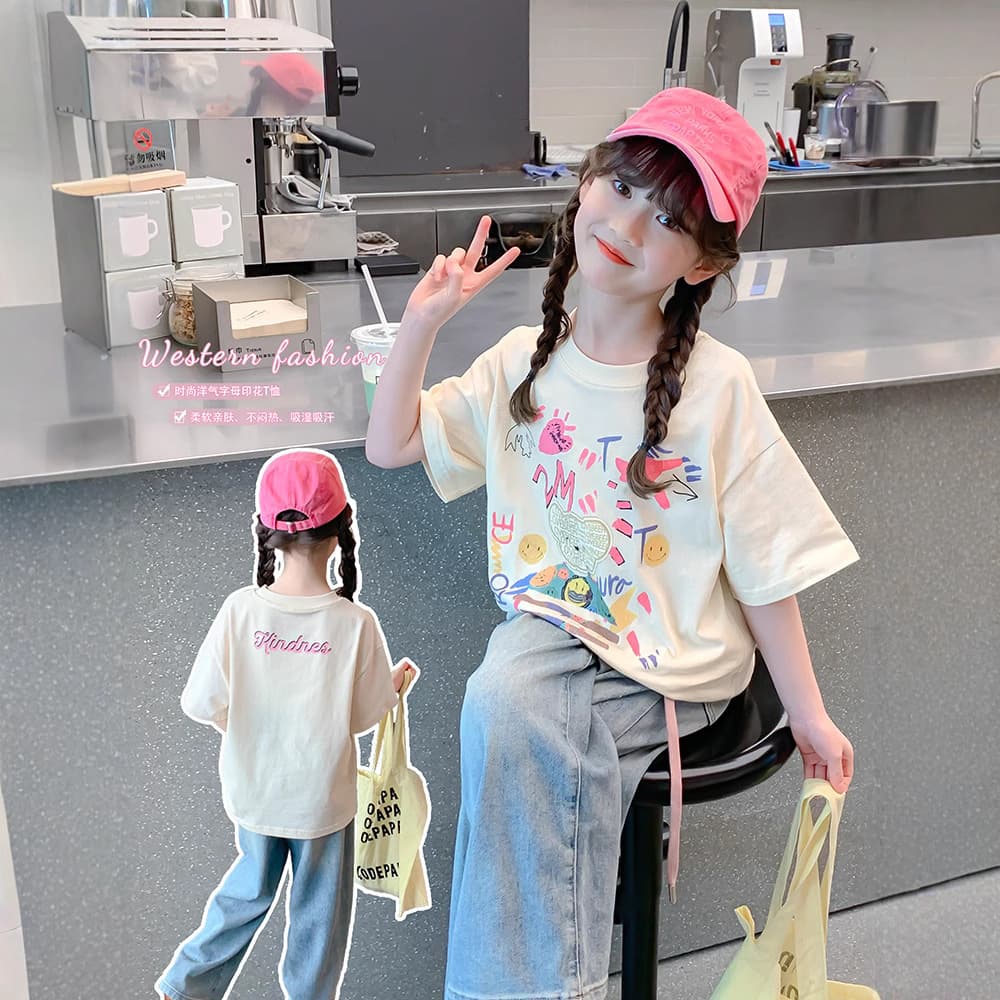 Girls' Cotton Short Sleeve T-Shirt 2025 New Style Kids Summer Tee Middle and Big Kids Cartoon Print Half Sleeve Top
