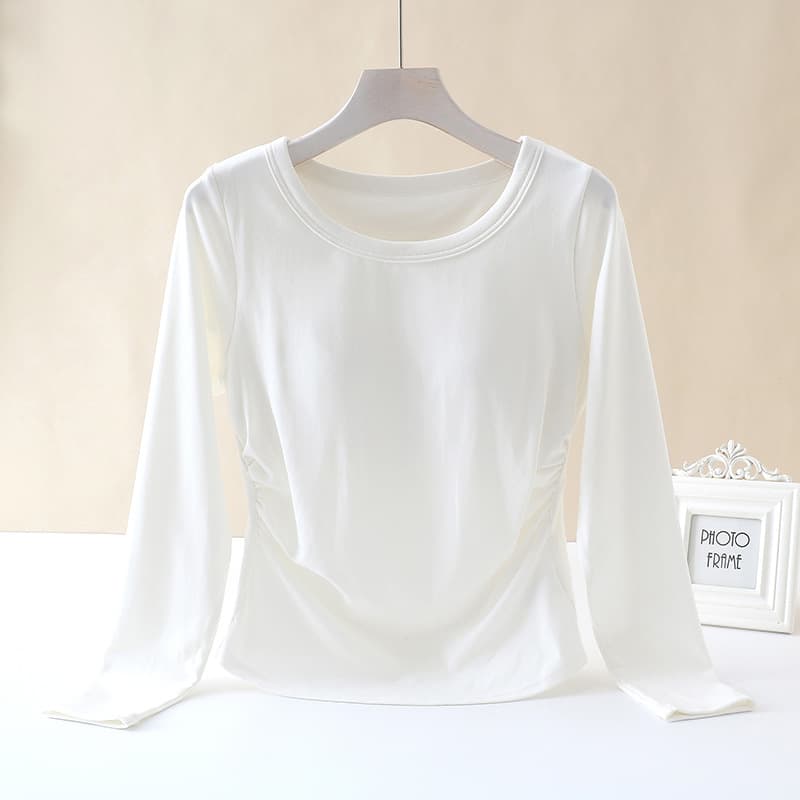 Autumn/Winter Solid Color Padded Bust Round Neck Long-Sleeve Integrated Cup Innerwear, Swallowtail Gather Base Layer Can Be Worn as Outerwear