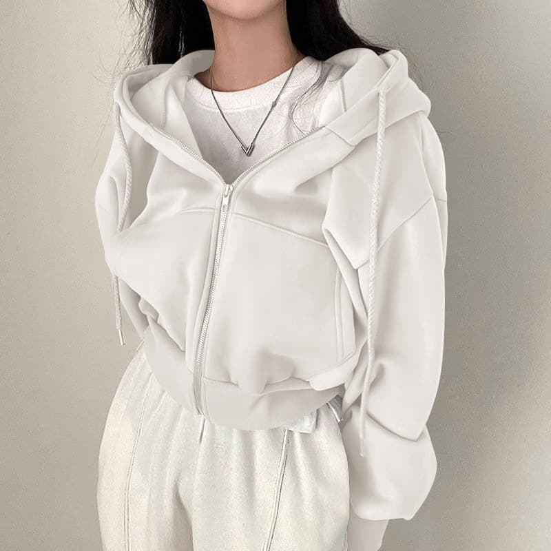 Xinyu Autumn/Winter New Plus Fleece Versatile Short Fashionable Slim Zipper Warm Solid Color Hoodie