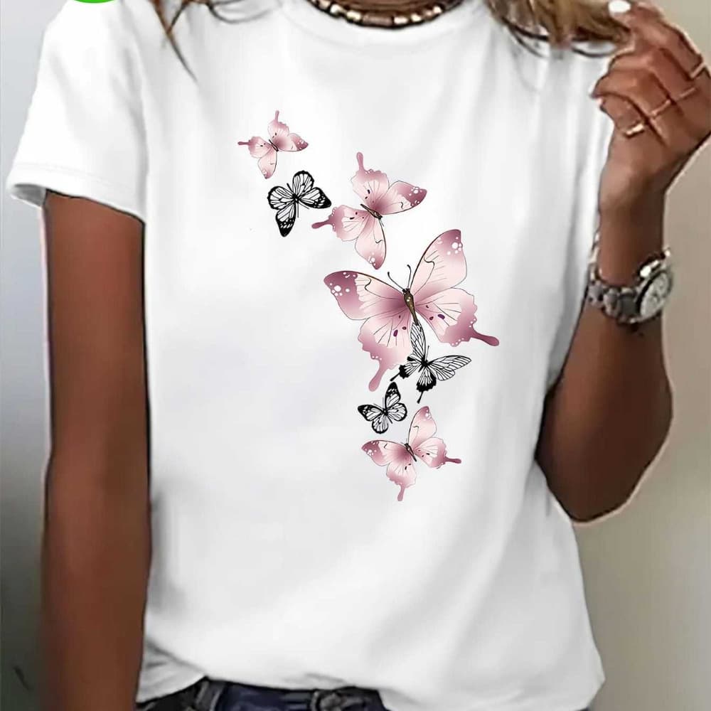 Women's Short Sleeve T-Shirt with Butterfly Print Soft Breathable