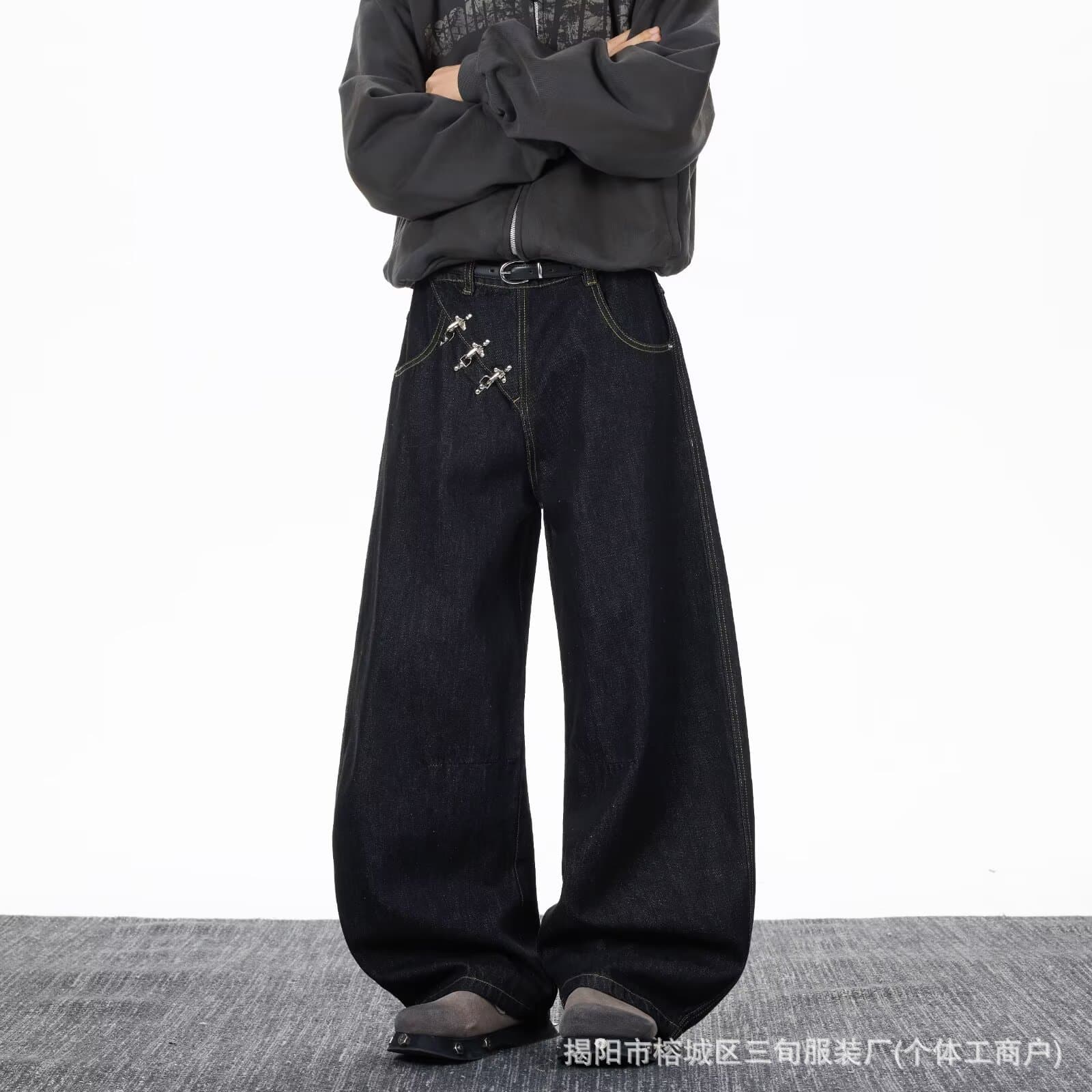Cross-border foreign trade American street retro design denim raw cow aircraft button baggy silhouette scimitar jeans