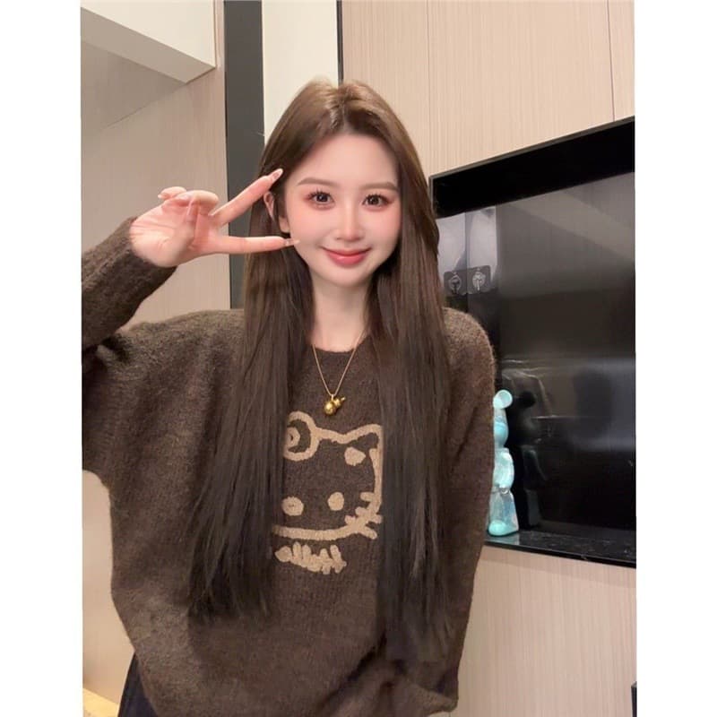 Korean Retro Design Diamond Pattern Round Neck Cardigan Women Autumn Loose Casual Soft Sweater Coat Top