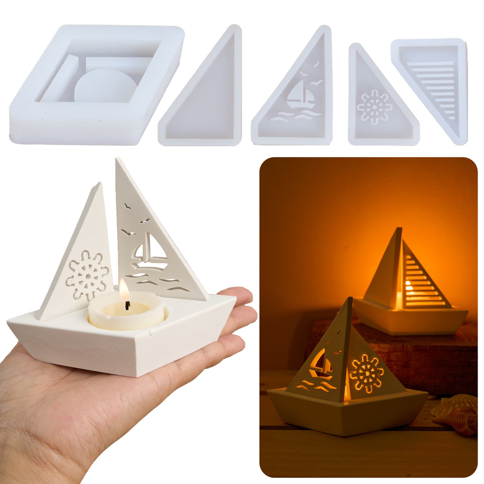 5-Piece 3D Sailboat Candle Holder Silicone Mold DIY Boat Silhouette Lamp Stand Plaster Mold Home Decoration