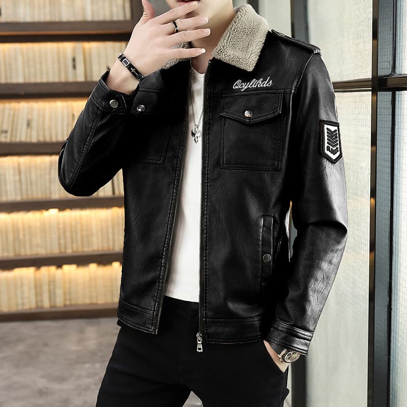 Fleece-Lined Winter Leather Jacket for Men, Fashionable Embroidery Casual Coat, Korean Slim Fit Trendy Leather Outerwear