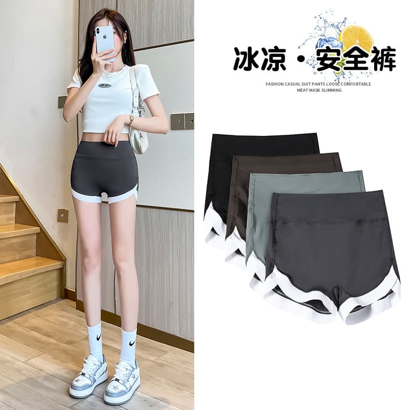 Solid Color Three-Quarter Seamless Shark Pants for Women, Summer Outerwear Thin Contrast Color Leggings, High Waist White Edge Safety Shorts