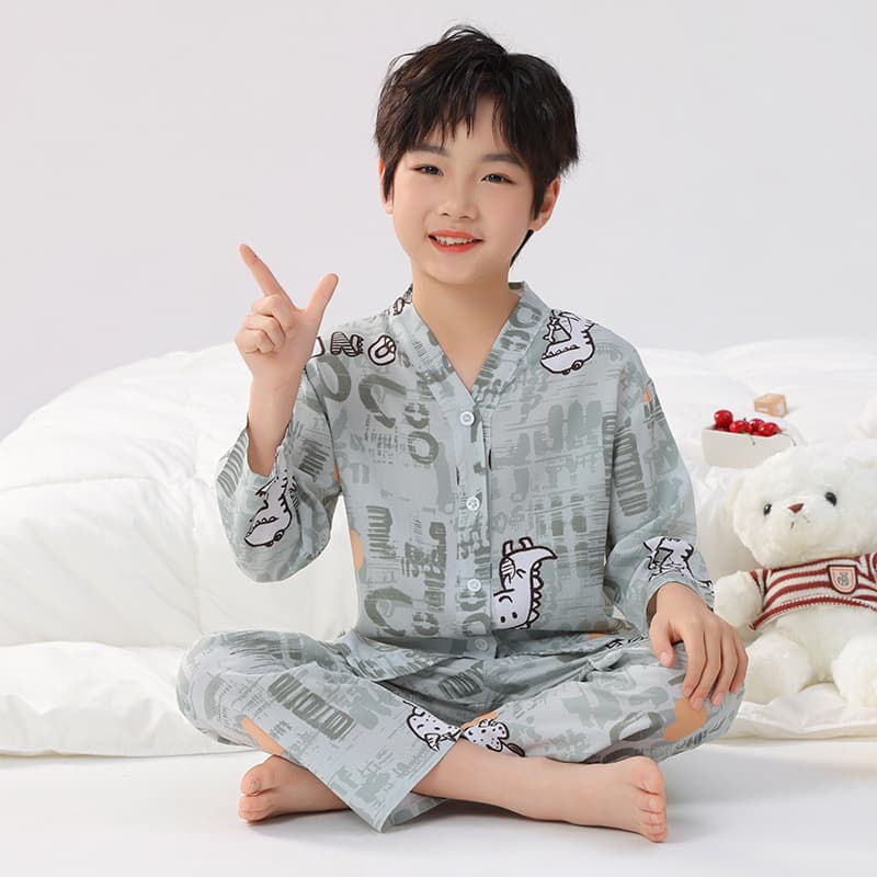 Children's Cotton Silk Pajamas Summer Long Sleeve Thin Air Conditioning Wear Baby Set Boys Girls Cotton Silk Homewear