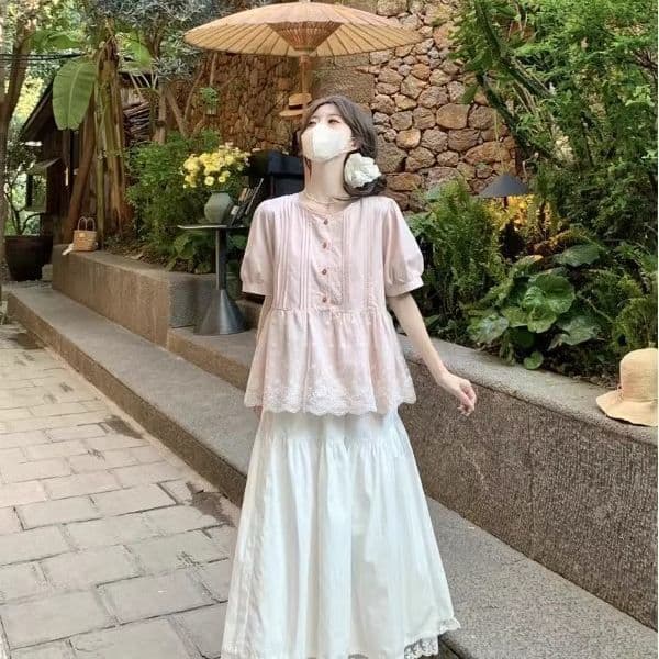 Fresh and Gentle Lace Patchwork Floral Puff Sleeve Blouse for Women Summer Sweet Elegant Casual Top