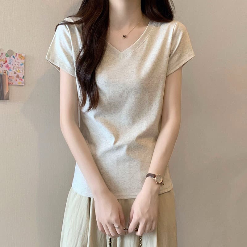 White V-neck pure cotton T-shirt women's half-sleeved 2026 new summer basic style right shoulder short-sleeved top for small people
