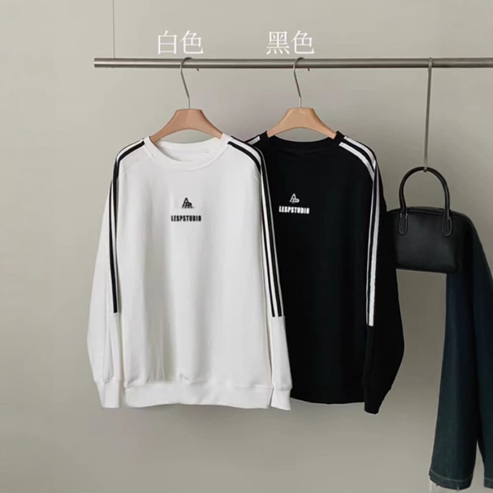 American Retro Streetwear Three-Stripe Long Sleeve Sweatshirt for Women, Spring Autumn Winter Embroidered Chic Loose Round Neck Top