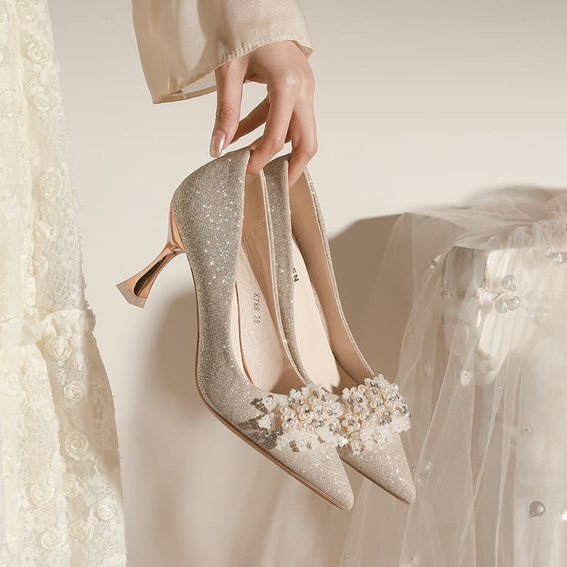 X788-18 Wedding Shoes Women's Champagne Color Hexiu Wedding Dress Pointed Toe High Heels Bridal Shoes Versatile Plus Size Plus Size 40-43