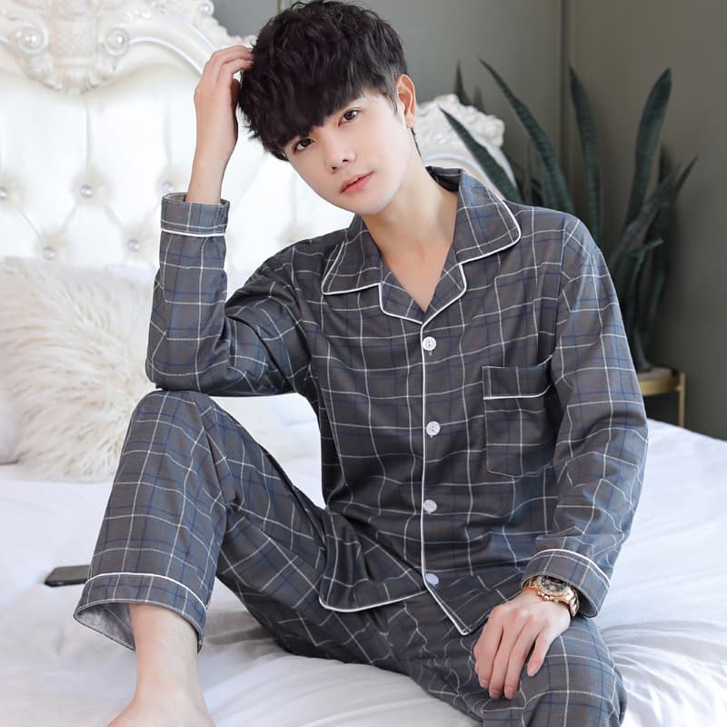 Men's Sleepwear Long Sleeve Loose Fit Home Clothes Cotton Polyester Spring Autumn Two-Piece Set Casual Comfortable Dad Size