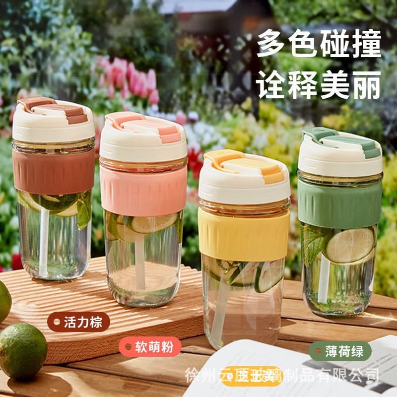 Good-looking double drinking cup glass water cup portable straw cup ins style cute style milk cup coffee cup gift