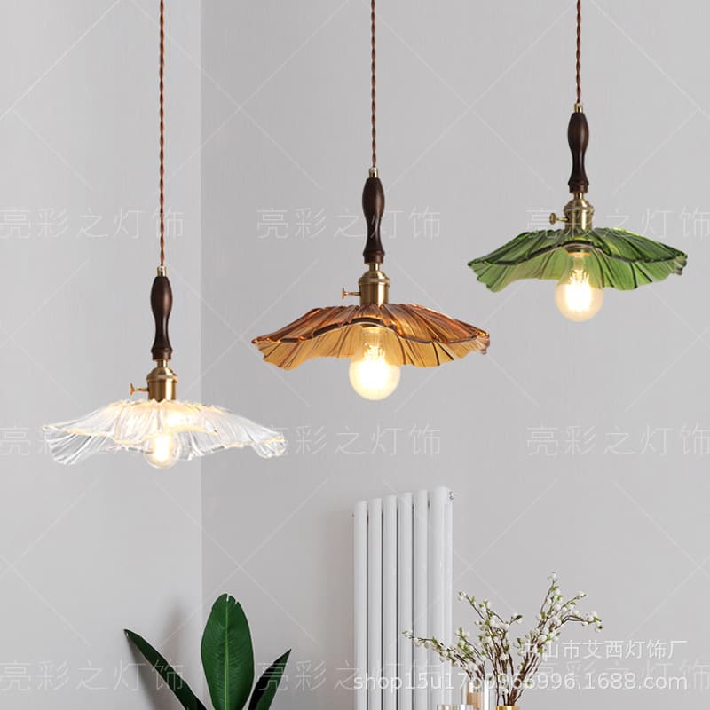Japanese Retro Walnut Wood Glass Pendant Light for Kitchen, Dining Room, Tea Room, Bar, Coffee Shop, Dining Table, Bedroom