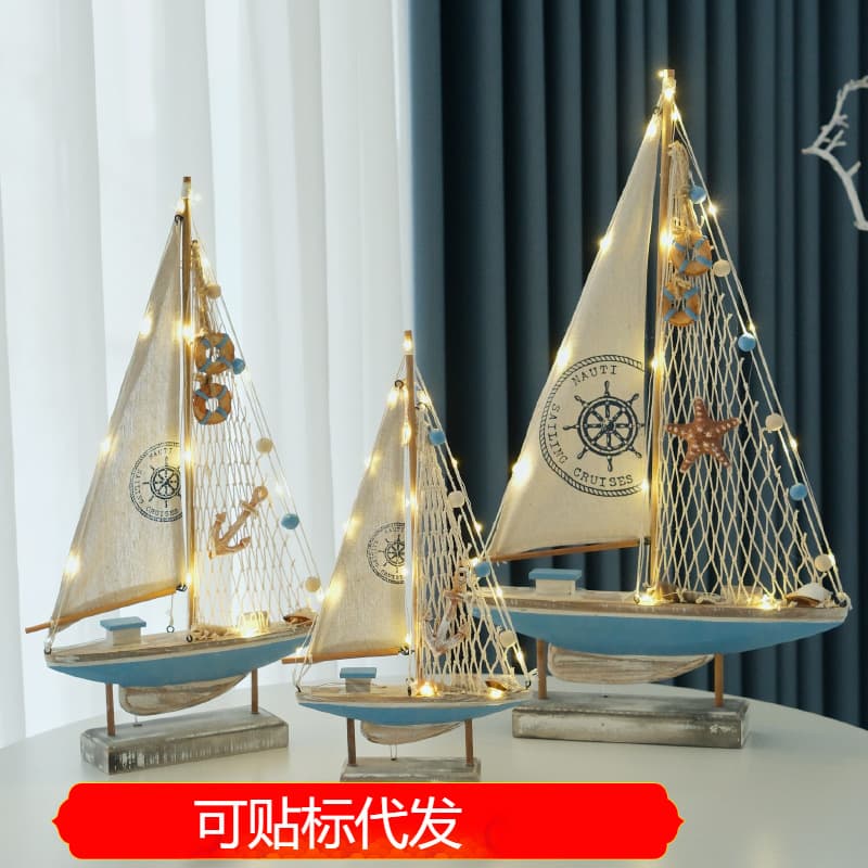 Mediterranean Style Sailboat Decoration, Wooden Model Weathered Small Boat, Desktop Ornament, Creative Decorative Prop