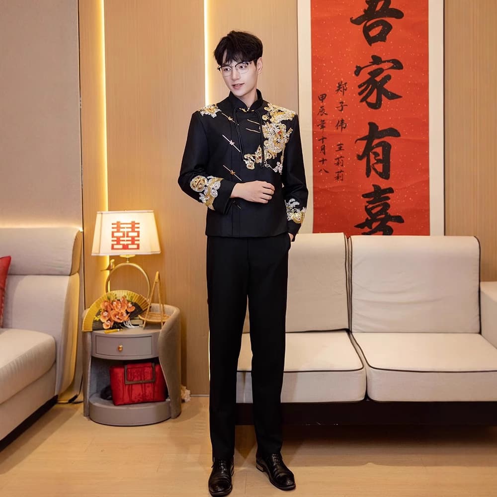 New Chinese-style Men's Mao Suit Wedding Tuxedo Set Groom Ceremony Dress Tang Suit Autumn