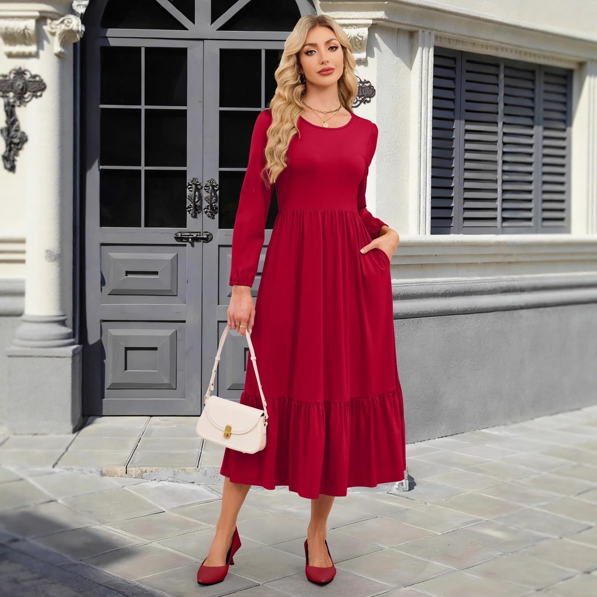 2025 Autumn New Maternity Long Sleeve Solid Color Dress Casual Round Neck Flowing Midi Maternity Dress