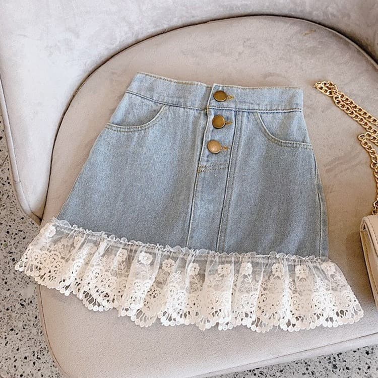 2026 Summer New Arrival Children's Clothing, Loose Skirt for Toddlers and Kids, Girls' Sweet Lace Patchwork Denim Skirt