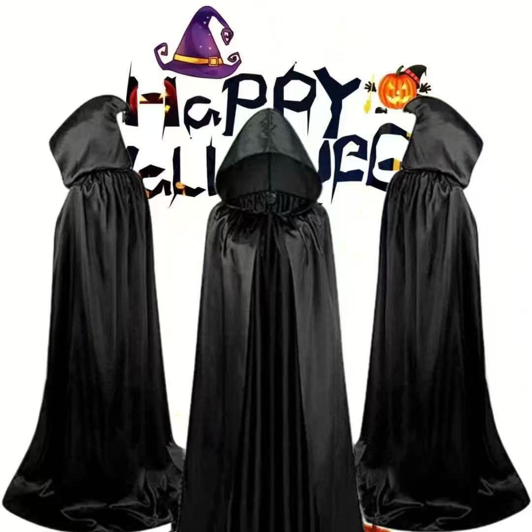 Halloween Costume Satin Black Death Cape Cloak Prop with Hood Adult Party Cape Costume Wholesale