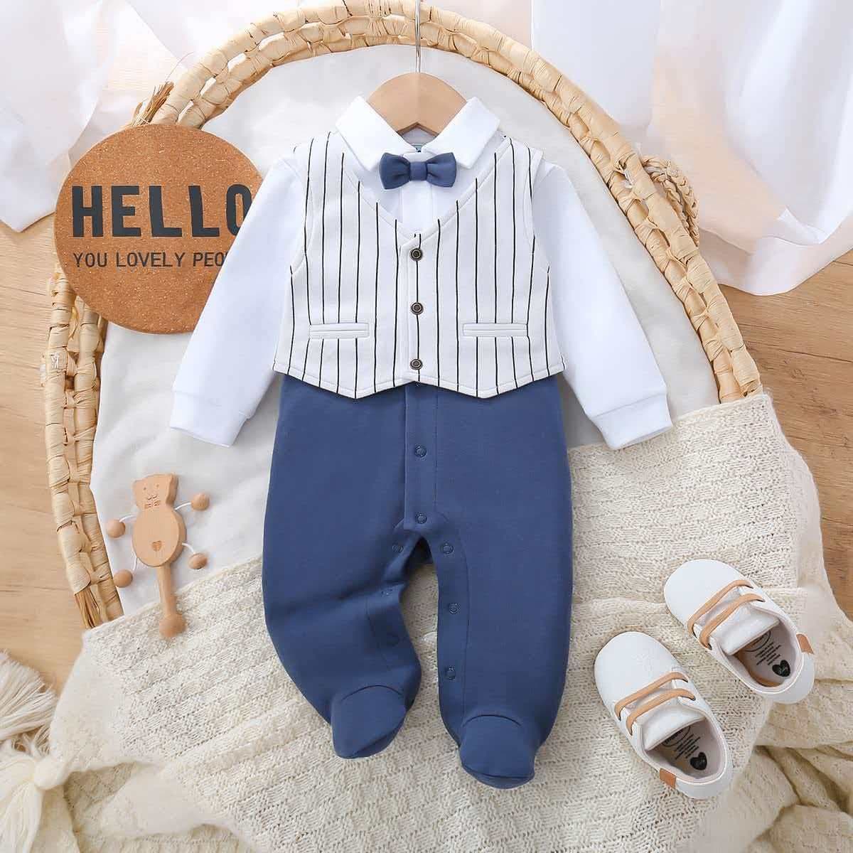 New Baby Boy Fashion Bow Tie Bodysuit Long Sleeve Footed Romper 0-12 Months Wholesale