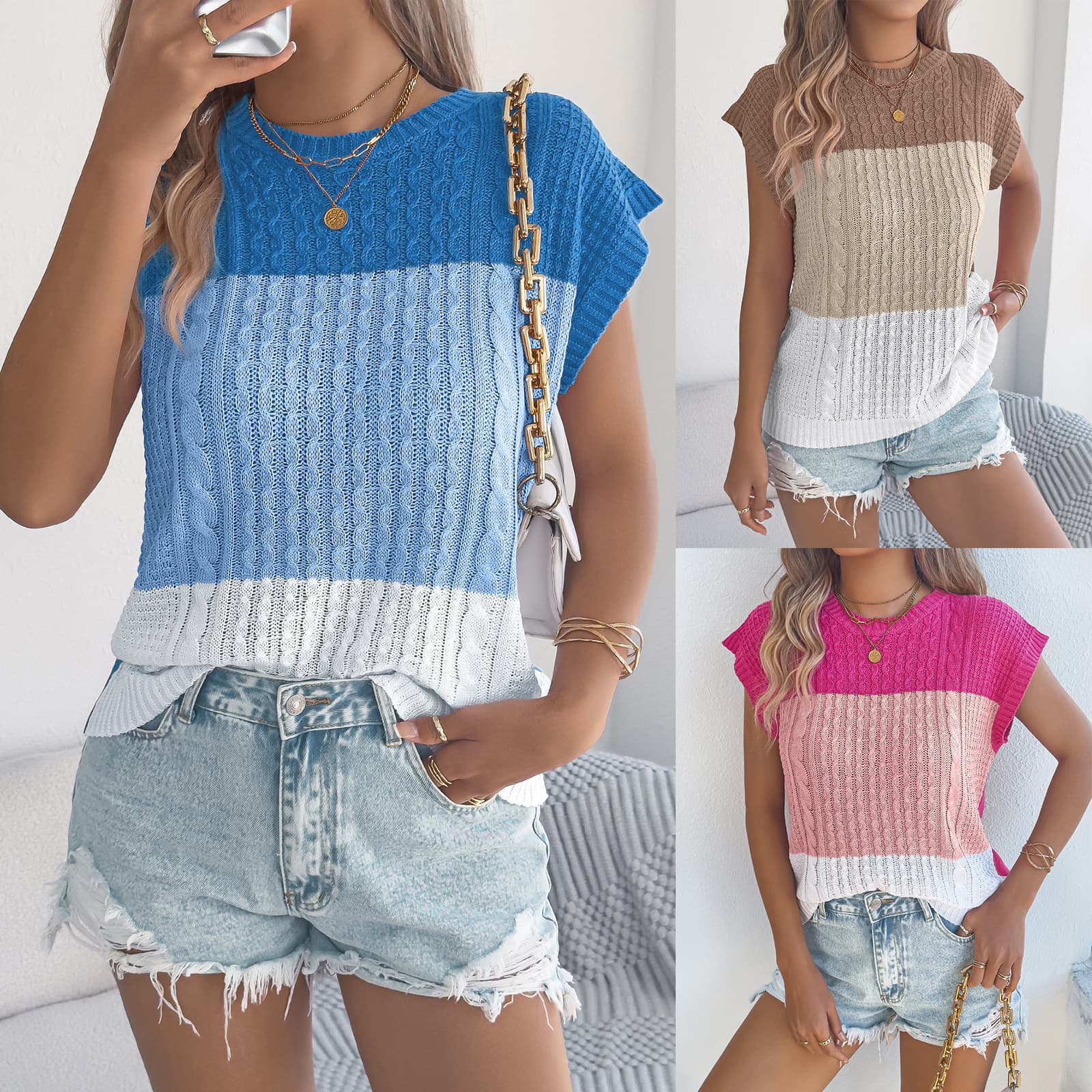 2026 Spring/Summer Color Block Cable Knit Loose Batwing Sleeve Sweater Vacation Top Amazon Cross-Border Women's Clothing