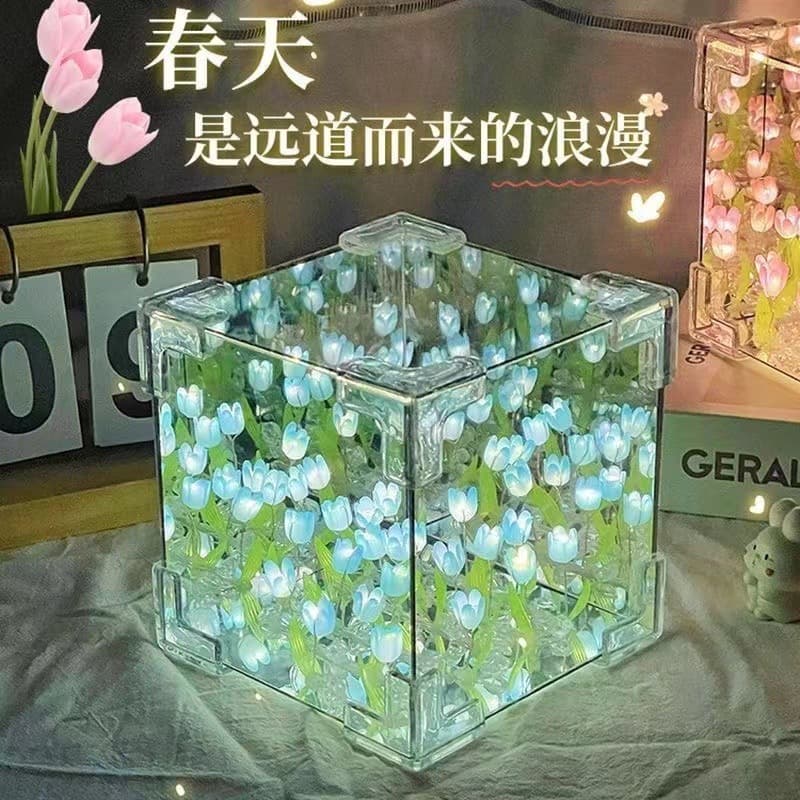 Tulip Flower Field Night Light Magic Cube DIY Material Kit with Mirror Accessories - 520 Girls' Valentine's Day Gift