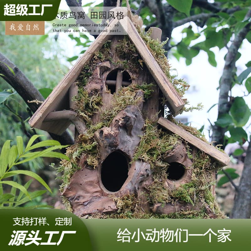 Mountain Chestnut Wood Moss Tree Branch Double Slant High Low Bird House Handcrafted Wooden Large Bird Nest Factory Natural Birdcage Sale