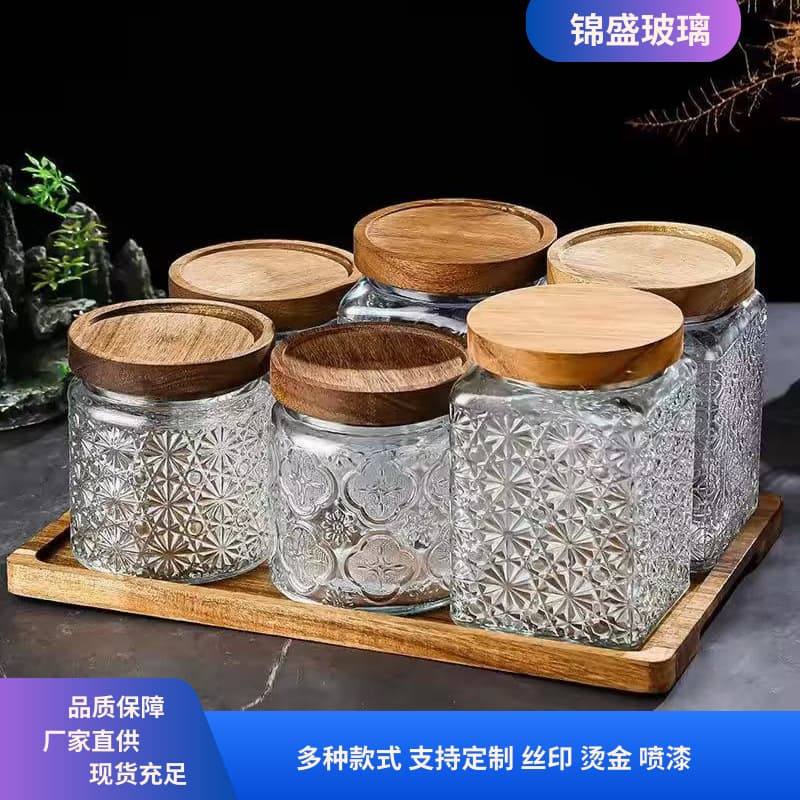 Manufacturer wholesale repackaging retro storage jars with wooden lids, glass bottles, sealed jars, square round dried fruit tea jars