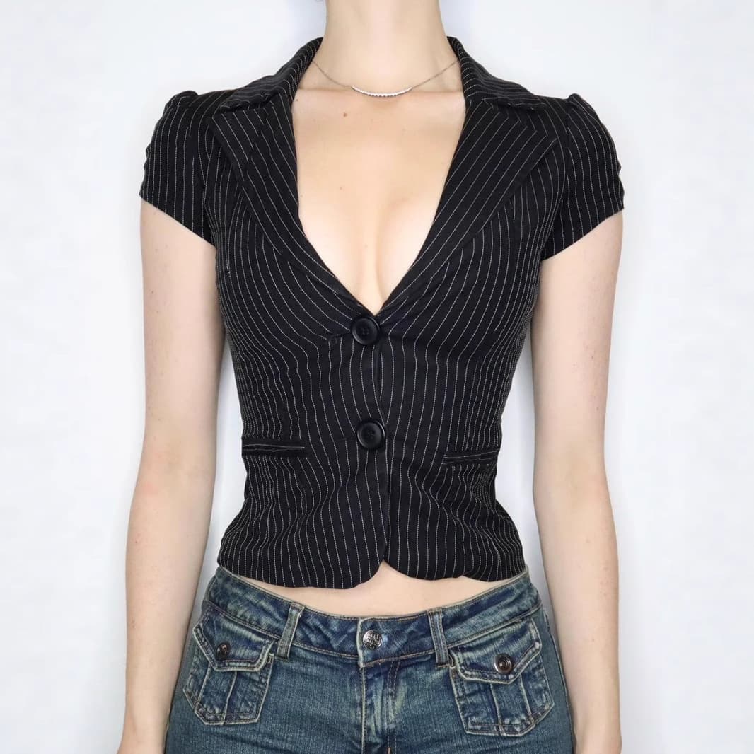 BM American Style Spicy Girl Deep V Lapel Striped Shirt Two-Button Cardigan Waist-Cinching Short Sleeve Commuter Basic Blazer