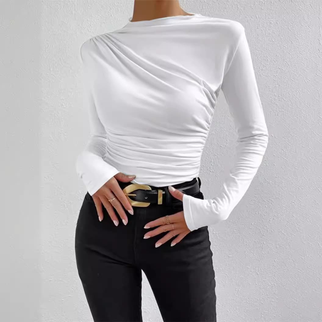 Cross-border 2026 European and American Solid Slim Base Tee Versatile Pleated Design Long Sleeve T-Shirt Women's Top