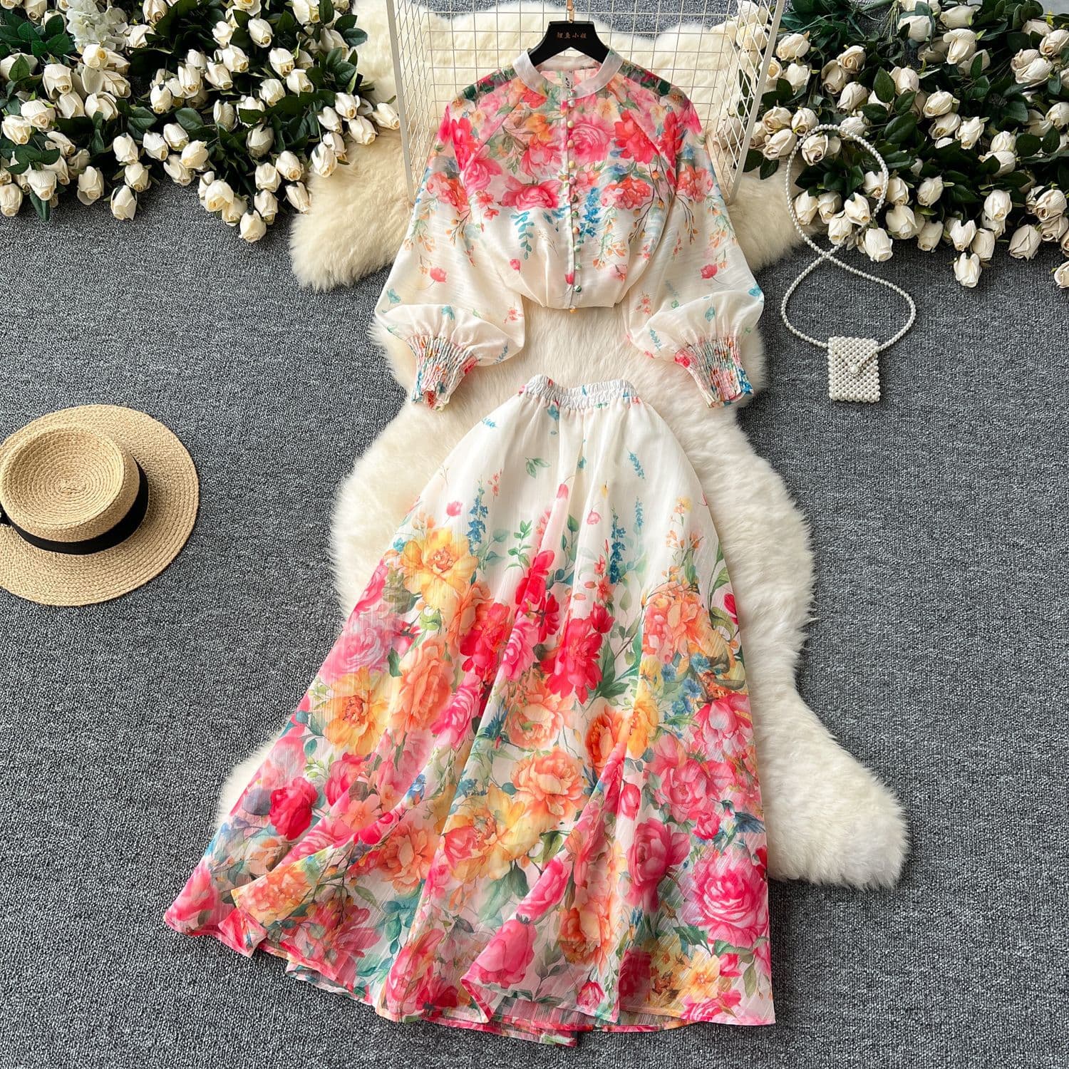 European and American Style Women's Two-Piece Lady Elegant Lantern Sleeve Buckle Slim-Fit Top High Waist Printed Mesh Skirt