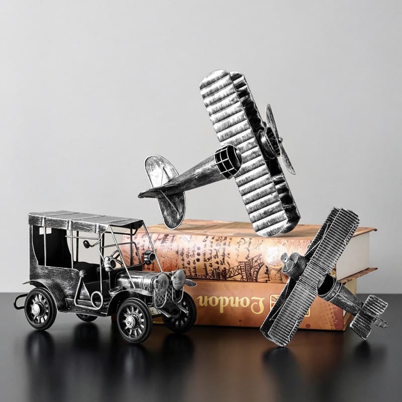 Vintage Car and Aircraft Model Ornaments, Iron Art Metal Vehicles, Boys' Room Decoration, Birthday Gift for Men