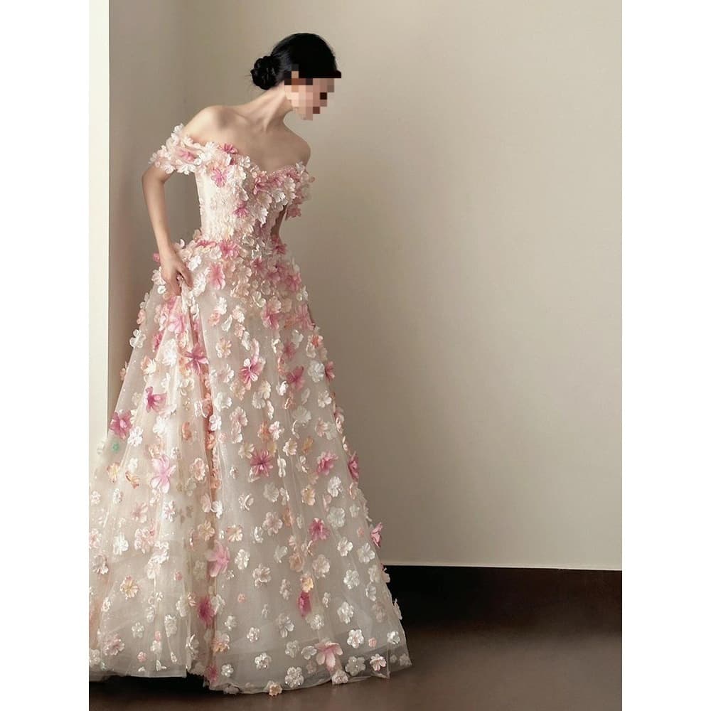 Pink Evening Dress with Floral Embellishments, Super Fairy-Like, Heavy Craftsmanship, Suitable for Engagement Parties, Coming-of-Age Ceremonies, Petite Sizes, and Puffy Skirts