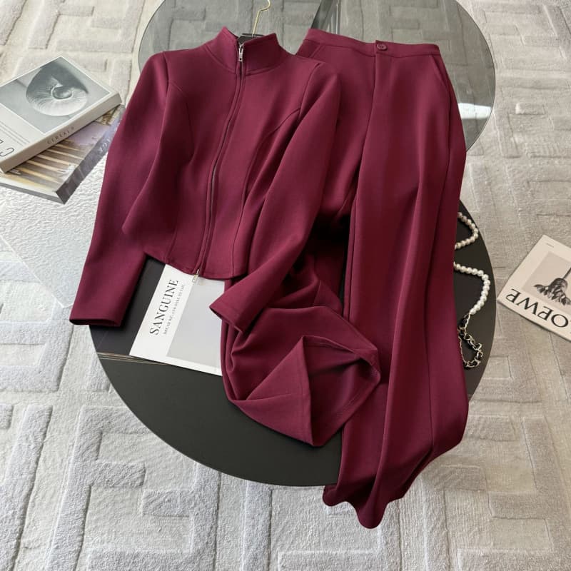 Fashionable Red Casual Sportswear Set for Women Spring Slim Fit High-End Cardigan Top Wide-Leg Pants Two-Piece Set