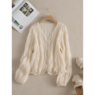 Plus Size 2024 New Unique Top, Super Nice Heavy Craft Blouse in Light Apricot Pleated Shirt for Women Spring/Summer