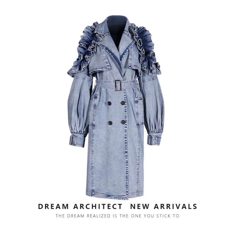 European/American Personality Denim Trench Coat 2025 Autumn/Winter New Women's Waist-Defining Denim Ruffle Trench Coat Fashion Overcoat