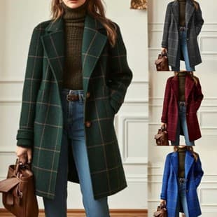 Amazon Cross-Border 2025 European and American Retro Plaid Casual Elegant Mid-Length Notched Collar Coat Women's Woolen Coat