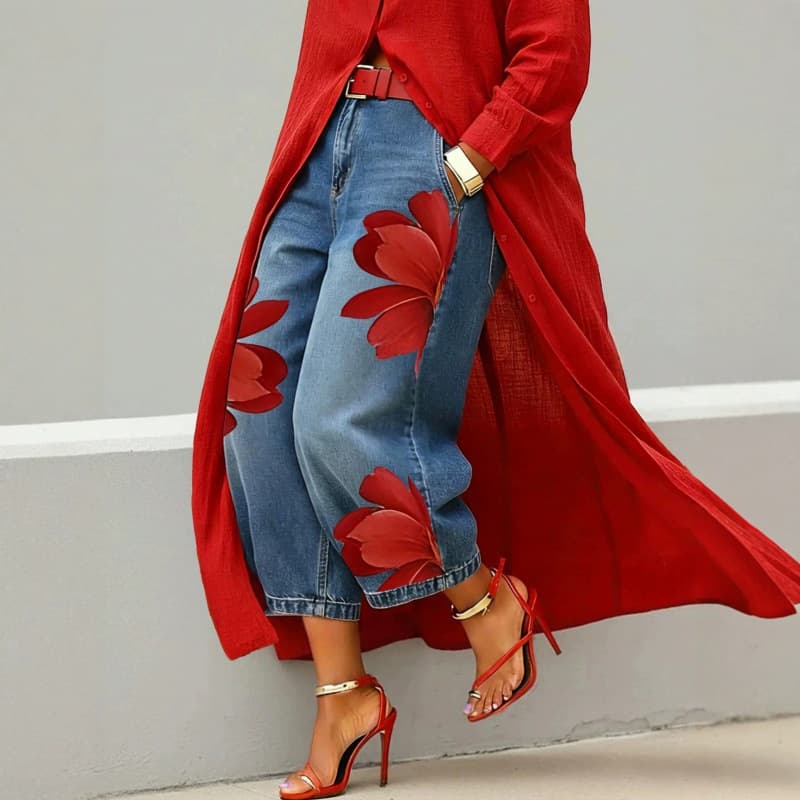 European and American Women's Jeans High Waist Printed Wide Leg Personality Red Floral Pattern Loose Straight Leg Jeans