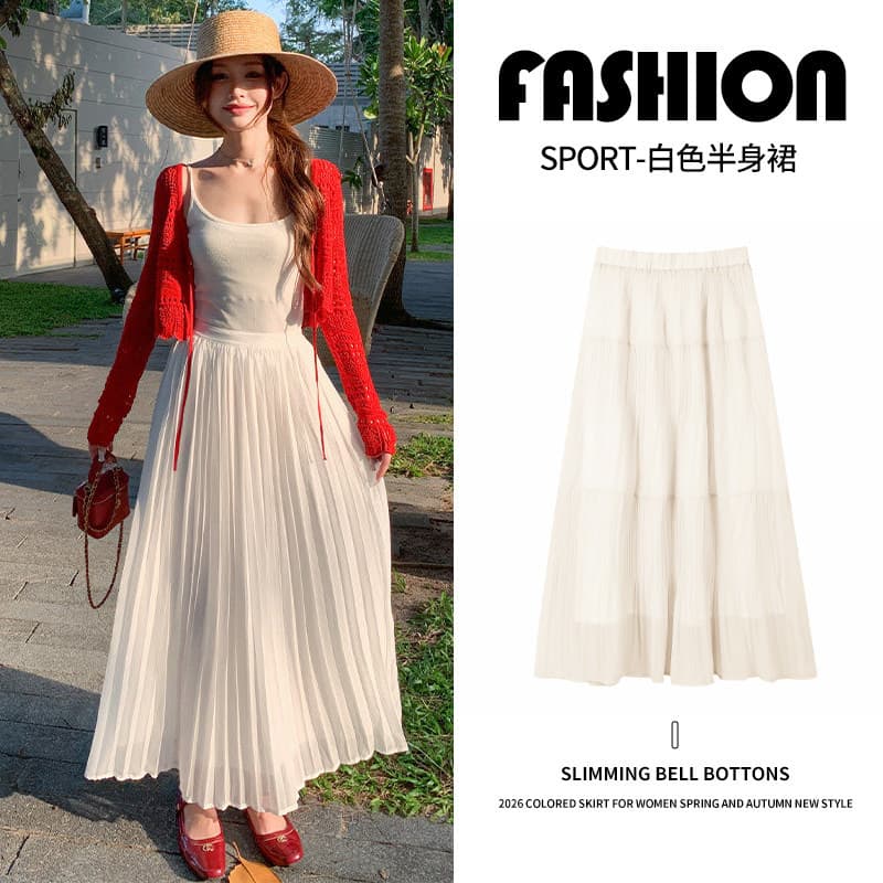 White Chiffon Skirt for Women, Summer 2026 New Style, Fairy-Like Skirt with a Gentle Vibe, Large Hem, Suitable for Petite Figures