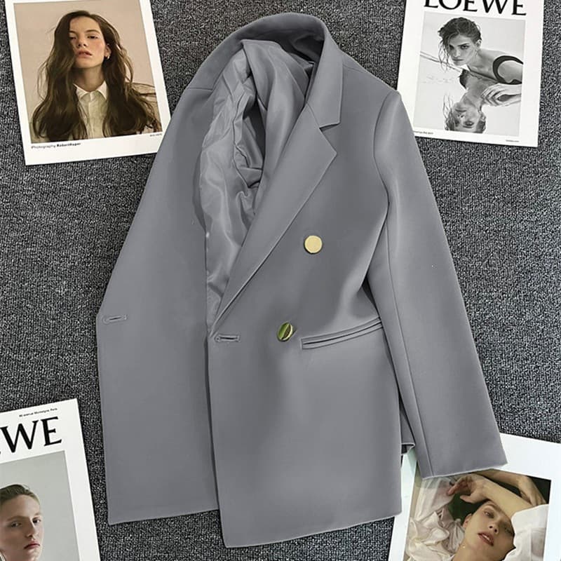 Spring Blazer for Women 2026 Double-Breasted Gray Suit Jacket Slim Fit Trendy Streetwear Top