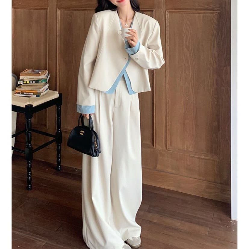 Korean simple fake two-piece suit wide-leg pants suit for women 2026 spring new high-end and temperament two-piece trendy set