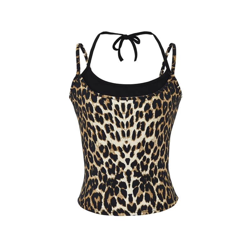 Pure Lust Sexy Leopard Print Camisole Fake Two-Piece Outer Wear American Sweet and Cool Sexy Style Slim Short Top for Women