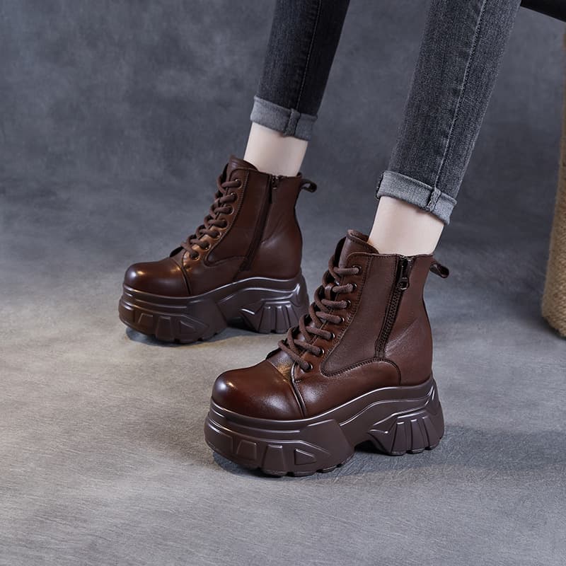 2024 Autumn Winter New Platform Martin Boots Women Genuine Leather British Style Petite Retro Brown Built-In Height Short Leather Boots