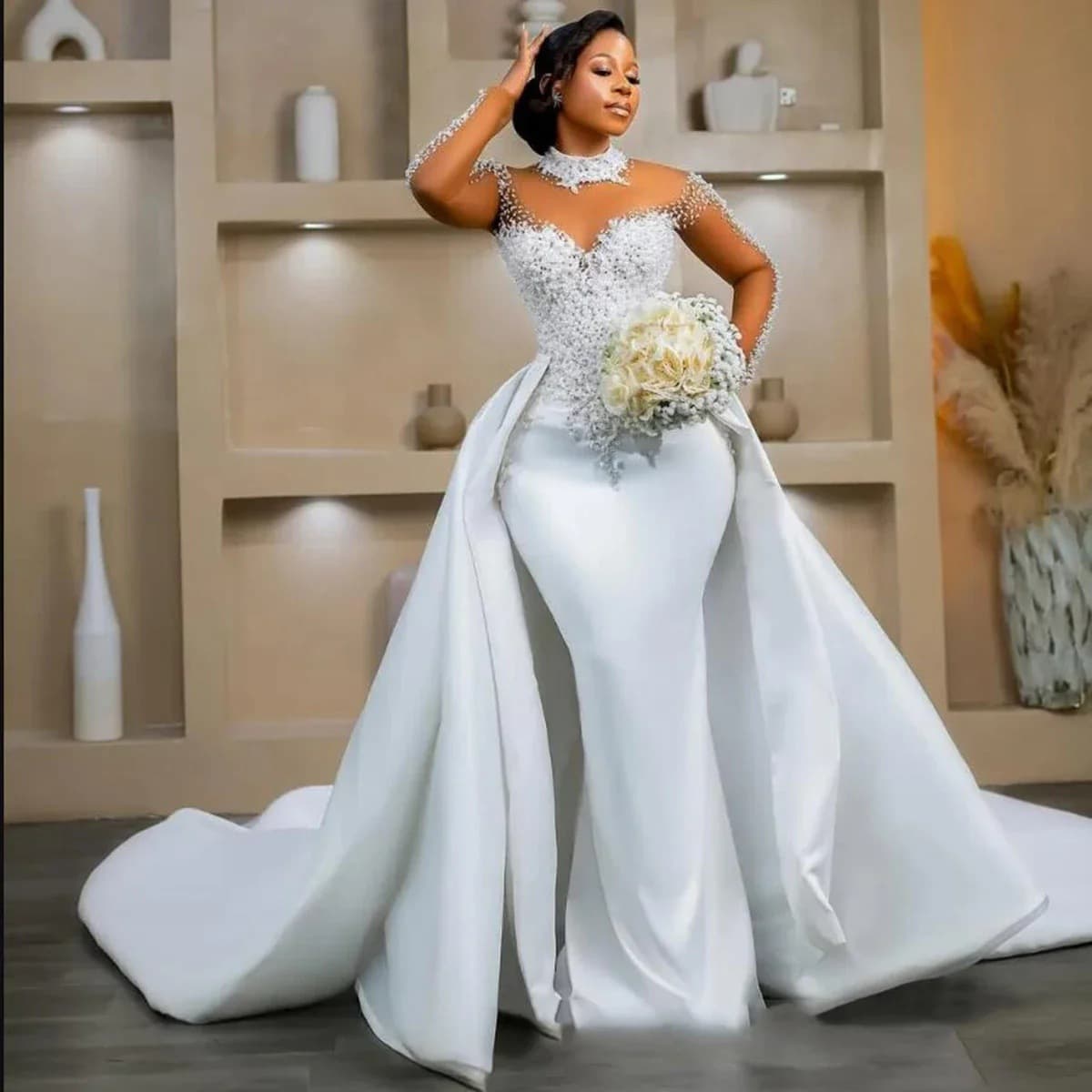 Heavy Beaded Illusion Mermaid Wedding Dress with Long Train Satin Main Wedding Gown 2026 Export Wedding Dress Factory Source