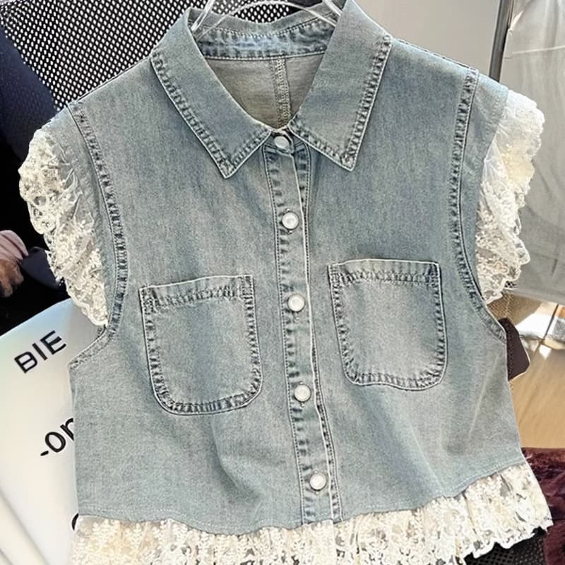 Summer new thin lace stitching light blue vest sweet loose casual versatile denim vest jacket for women