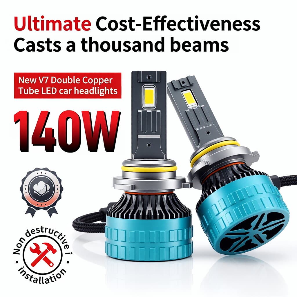 Cross-border Dual Copper Tube V7 Car LED Headlight, Modified Super Bright Front Bulb H4 High/Low Beam H7 H11 Car Light