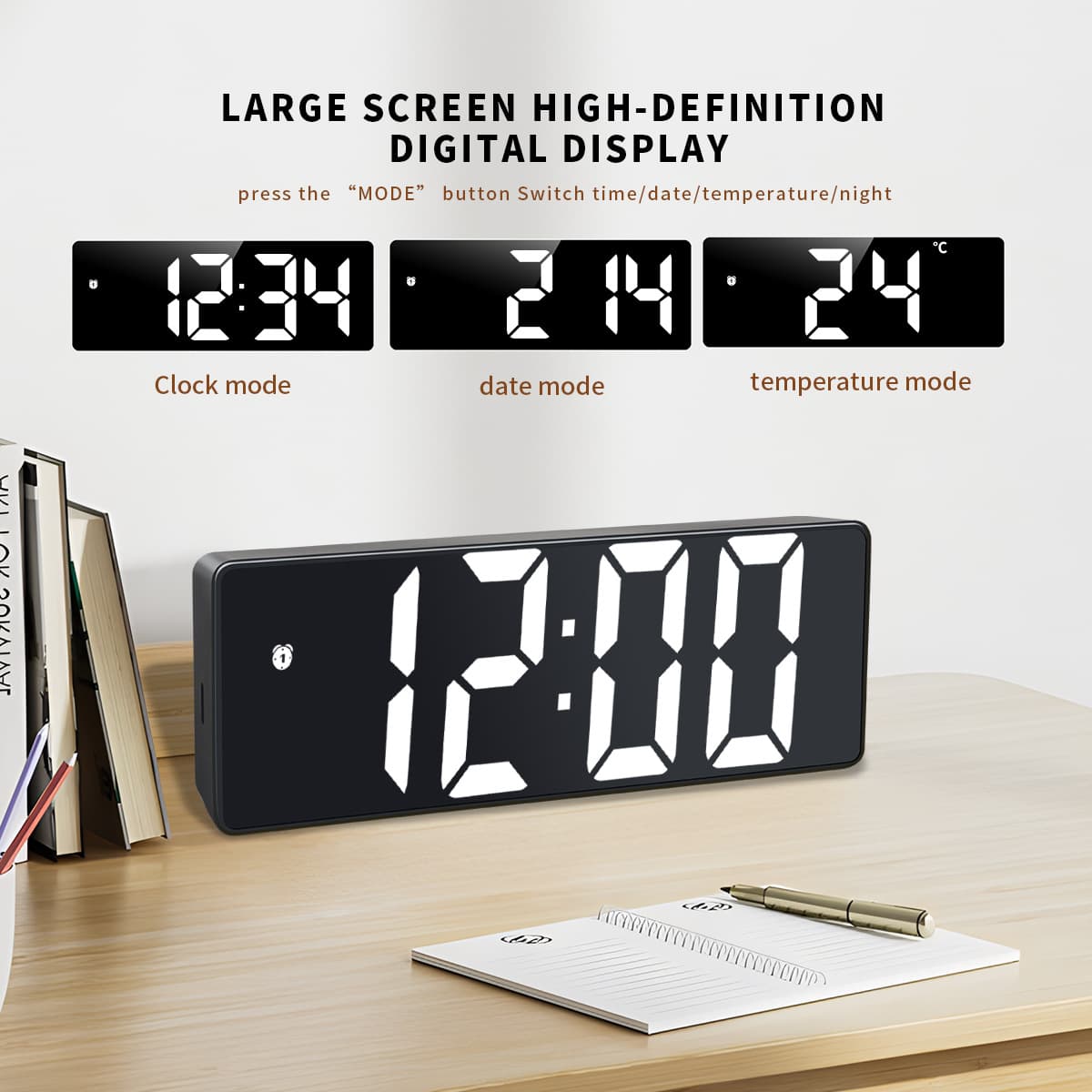 LED Mirror Digital Alarm Clock 12/24 Hours Adjustable