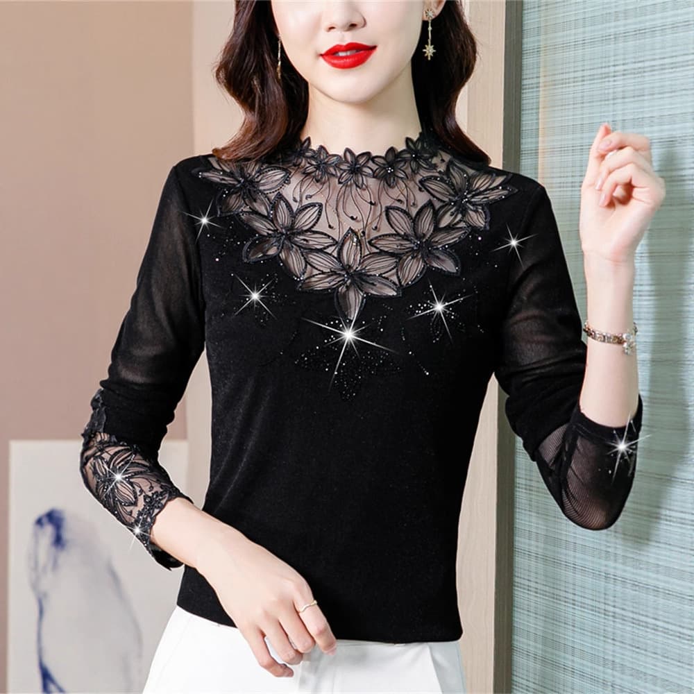 Mother's Base Layer Top for Women Autumn Winter Half Turtleneck Fashionable Rhinestone Inner Wear Middle-Aged Stylish Fleece Lace Top Trendy