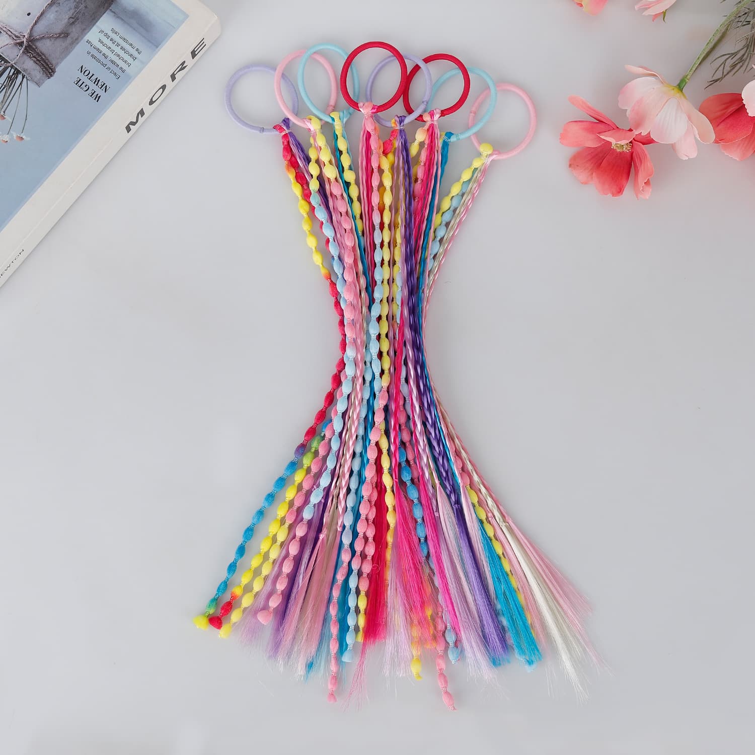 Girls' wig boxing braid, sweet and cool color mix and match hair rope, fashionable high ponytail braid, finished hair band performance