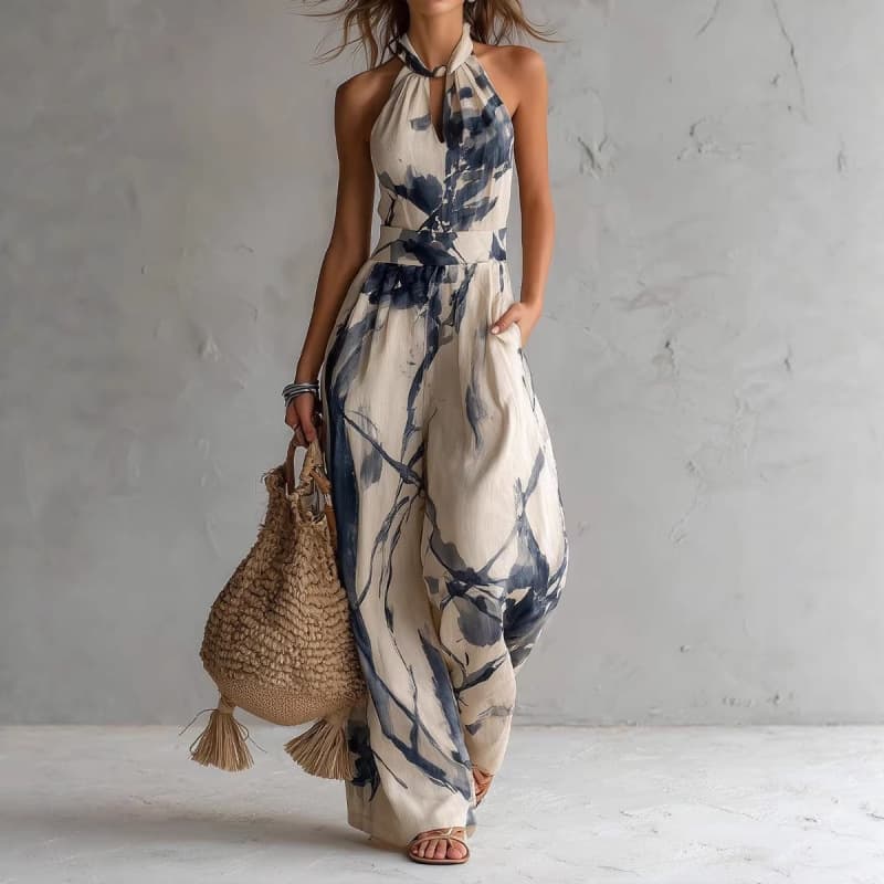 2026 European and American Women's Fashion Amazon Independent Station Spring/Summer Halter Neck Digital Print Backless Sleeveless Jumpsuit