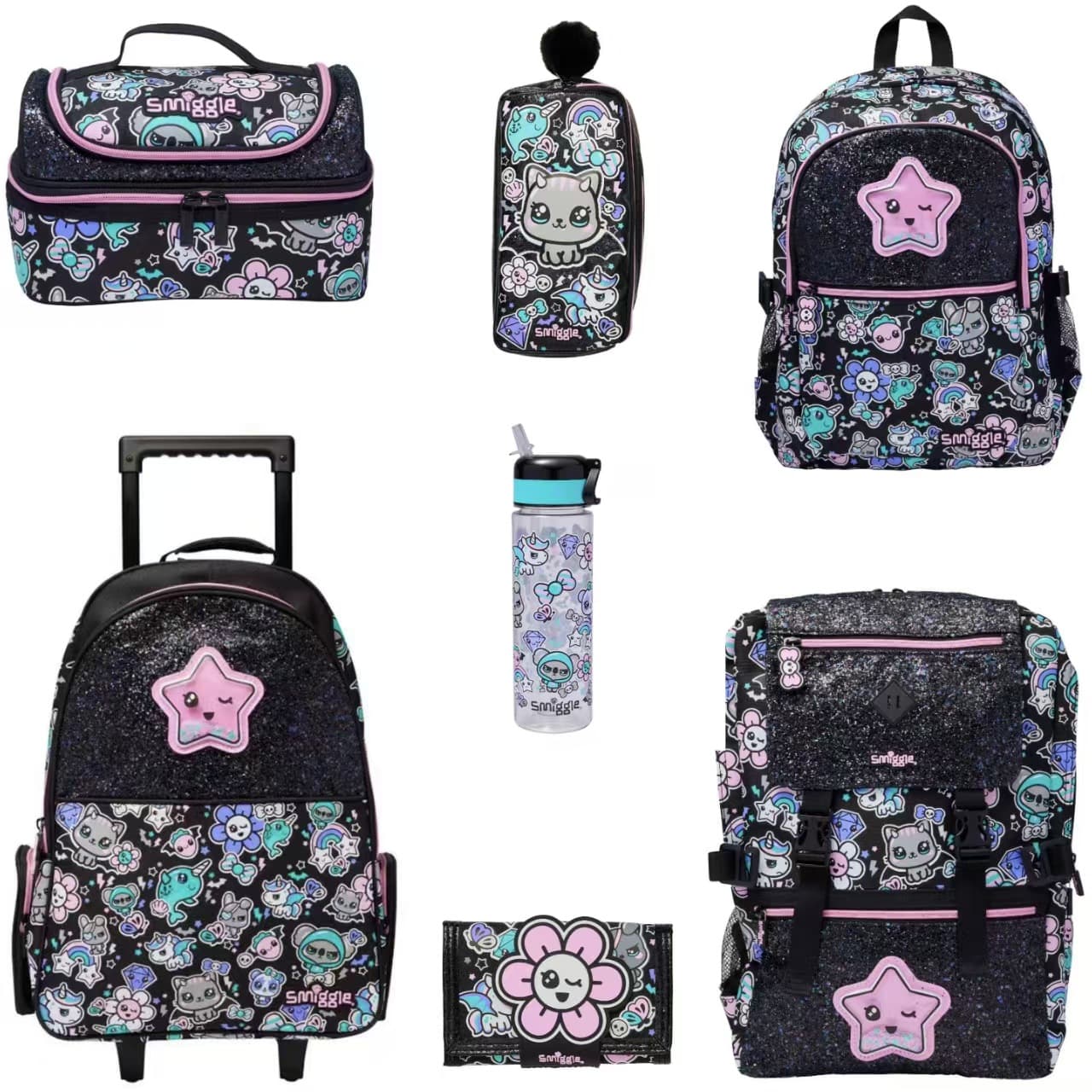 Australia Smiggle Backpack for Primary and Secondary School Students, Kids Cartoon Backpack, Black Pink Star Set Series